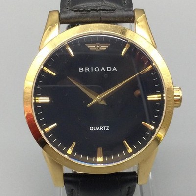 Brigada Mens Watch 42mm Black Dial Gold Tone Leather BJD-3015G New Battery