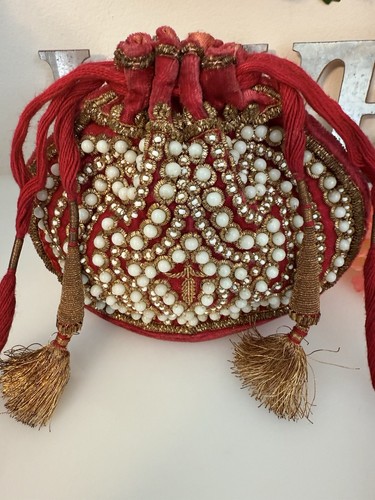 Vintage Beaded Reticule Bag Clutch Pouch Potli Bag Bridal Embroidered Purse 6X5 - Picture 9 of 24