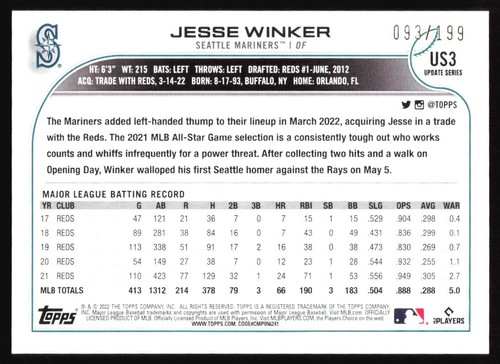 2022 Topps Update Jesse Winker #US3 Red Foil #'d /199 Seattle Mariners - Bild 2 von 2