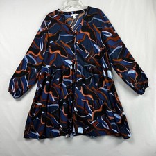 Nine West Babydoll Dress Womens XL Button Up Tiered Abstract Long Sleeves