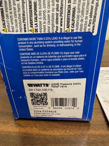 Watts M 174A 3/4" Water Pressure Relief Valve, 650,000 BTU, 30 Lb. Set - Picture 3 of 5