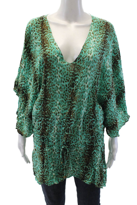ViX Womens Short Sleeve Animal Print Striped Kaftan Blouse Green Size M