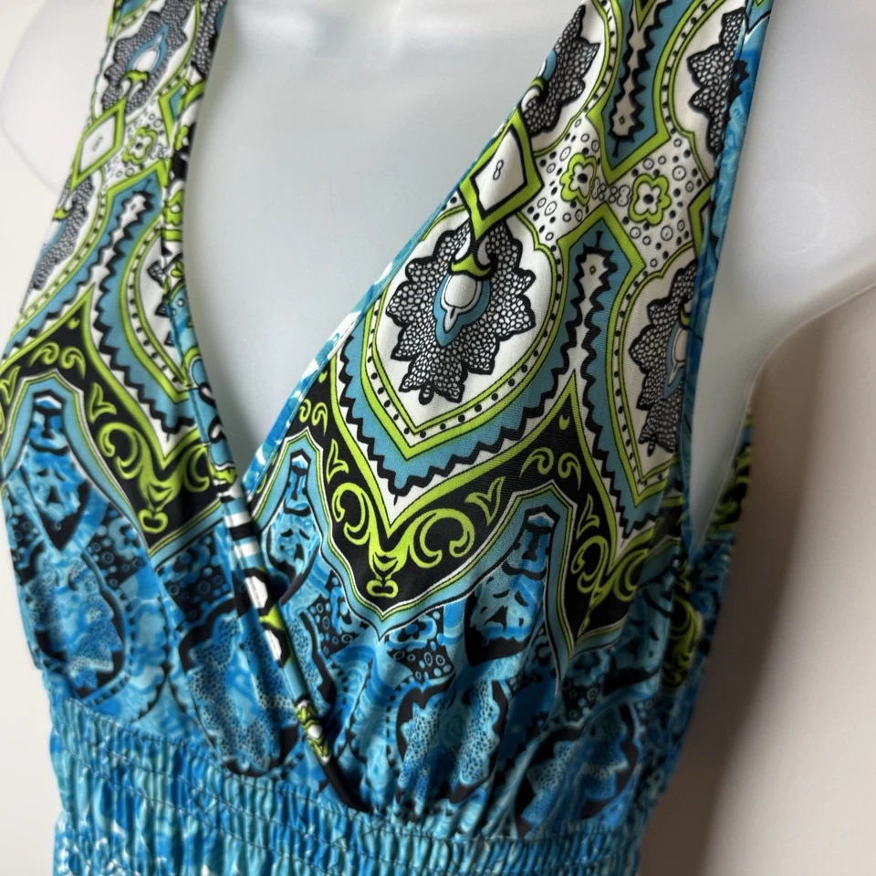 Maxi Vestido Mlle Gabrielle Talla Mediana Sin Mangas Cuello en V Elastizado Azul Negro Verde Foto 4 de 4