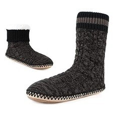 Cozylook Mens Slipper Socks Fleece Lined Non-slip Soles, 10-11 Cable Knit Black