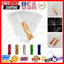 100PCS Cellophane Bags 3x11 inches, Clear Treat Bags with 4 Twist Ties, Pla...