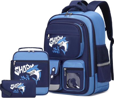 3PCS Backpack for Boys, Boys Backpack with Lunch Box Pencil Case, Cool Shark Bac