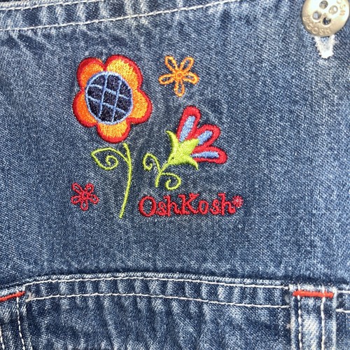 Genuine Kids Oshkosh Baby Girl 12M Denim Overall Dress Embroidered Flowers - Picture 2 of 3