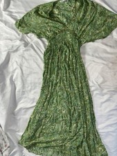Zara Paisley Print Pattern Green Neutral Stretch Waist Long Sleeve Maxi XS