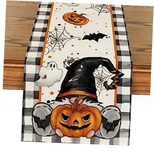  Buffalo Plaid Gnome Bat Pumpkin Ghost 13" x 72", Table Runner Black/Beige