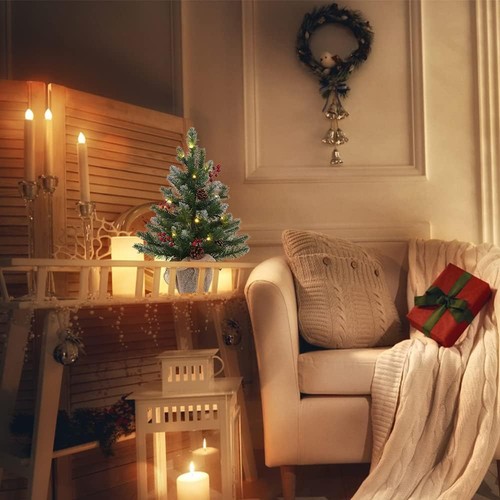 MEETYAMOR 2 FT Mini Albero di Natale, 24" PE Preilluminato Piccolo Neve Artificiale da Tavolo - Foto 2 di 8