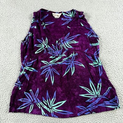 Reds Threads Womens Sleeveless V Neck Stretch Top Purple Blue Leaf Size L