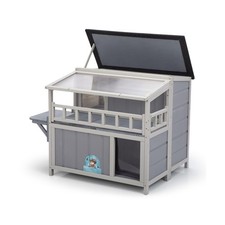 2-Tier Warm Wood Cat Shelter with Sunlight Roof, Outdoor Kitty Cat House, Bal...