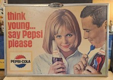 1960s Pepsi Cardboard Advertising Sign W/ Original Aluminum Frame and Badge