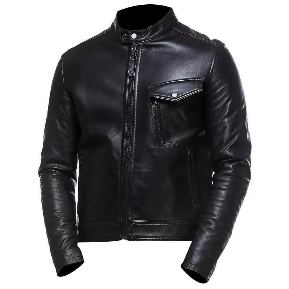 Men’s Black Lambskin Leather Cafe Racer Vintage Motorcycle Style Jacket