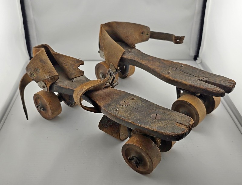 Antique Victorian Wood & Leather "VINEYARD B" Brand Roller Skates - Late 1800's