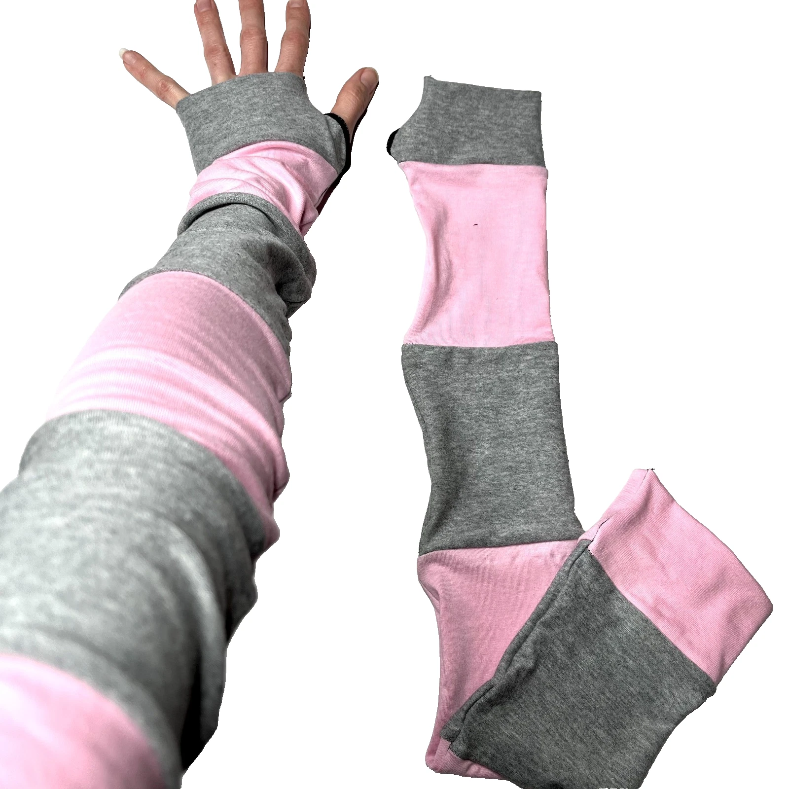 Long Striped Gloves Pink Cotton Hand Warmers Gray Patchwork Arm Sleeves Summer