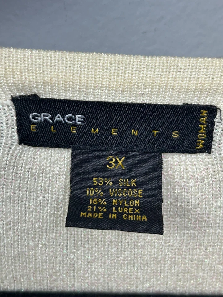 Cárdigan suéter Grace Elements para mujer 3X blanco con cuentas floral mezcla de seda lúrex Foto 4 de 4