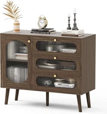 Walnut Buffet Cabinet Storage Modern Sideboard  3 Drawers Adjustable Shelves
