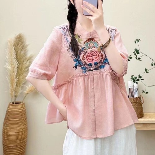 Shirt Retro Loose Ethnic Cotton Linen Embroidered Tops Chinese Summer Cardigan