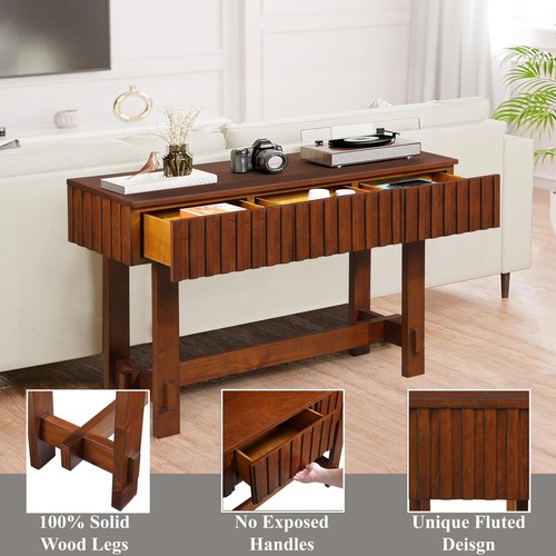 52 Inch Mid Century Farmhouse Fluted Solid Wood Sofa Table with Storage Drawers - Picture 5 of 16