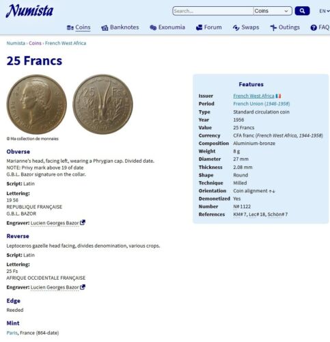 LOT #92; RARE Vintage GOLD COLORED 1956 25 FRANCS coin from French West Africa - Picture 3 of 5