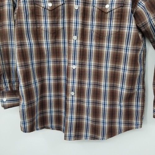 Panhandle Slim Fit Brown and Blue Plaid Pearl Snap Boy's Size Medium - Picture 5 of 10