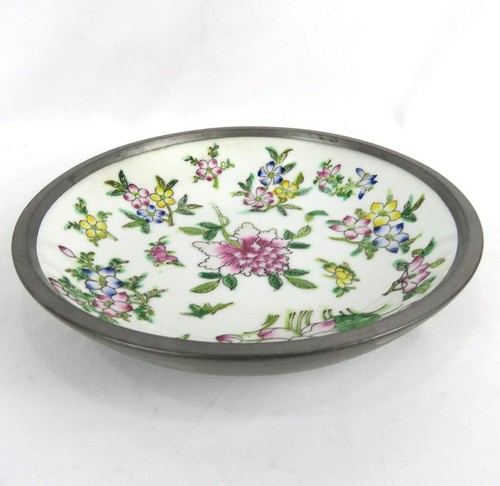 Japanese Porcelain and  Pewter Bowl Decorative Dish Hand Painted Floral Vintage - Foto 1 di 6