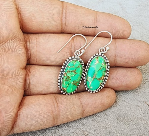 925 Silver Ring Green Copper Turquoise Earring Gemstone Earring Handmade Item - Picture 8 of 11