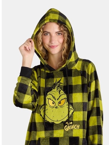 The Grinch Damen Grafik Nachthemd mit Kapuze kariert grün Gr. M Neu - Bild 3 von 4