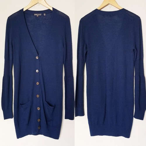 Vince 100% Cashmere V Neck Longline Cardigan S Lightweight Blue Button Pockets - Picture 12 of 16