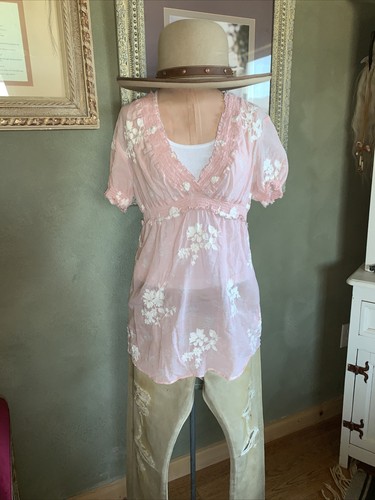 Ryan Michael M Cotton Silk Blush Pink Embroidered Tunic Empire Boho Romantic - Picture 5 of 9