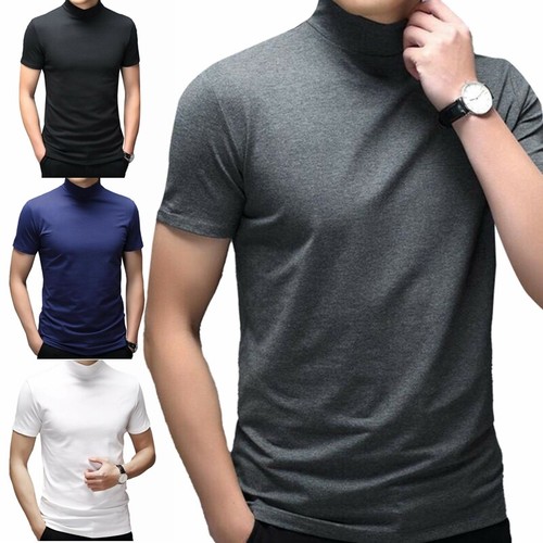 AU Men Short Sleeve T-shirt Mock Neck Pullovers Solid Slim Fit Tops Undershirts - Picture 2 of 27