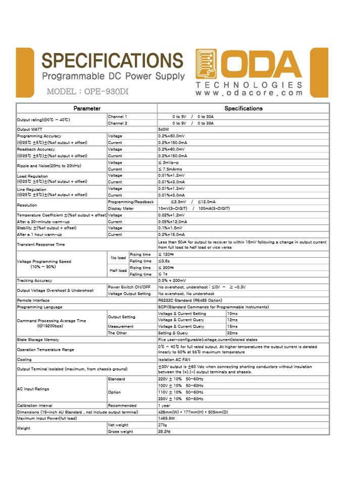 ODA OPE-930DI Dual Channel Linear Programmable DC Power Supply 540W 9V 30A  - Image 4 of 4
