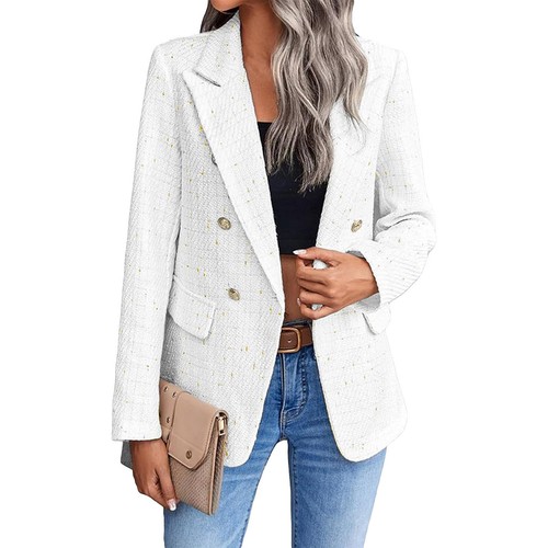 Women Fashion Tweed Double Breasted Blazer Coat Vintage Long Sleeve Flap Pocket - Picture 2 of 36