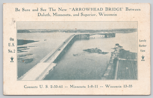 Postkarte Minnesota Pfeilspitze Brücke zwischen Duluth und Superior um 1960