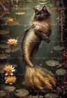 Mermaid Cat Balinese Art Print, Siren Cottagecore Poster, Animal Kitty Decor