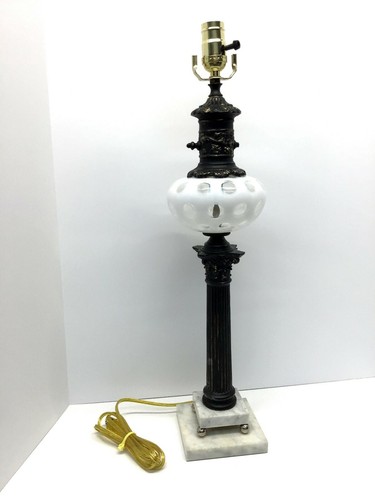 Vintage Fenton Table Lamp, White Coin Dot Art Glass Brass & Marble Base MCM - Picture 4 of 11
