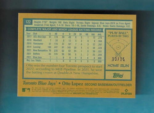 2022 TOPPS ARCHIVES OTTO LOPEZ ORANGE HOT FOIL SSP /15 MADE BLUE JAYS RC #122 - Picture 2 of 2