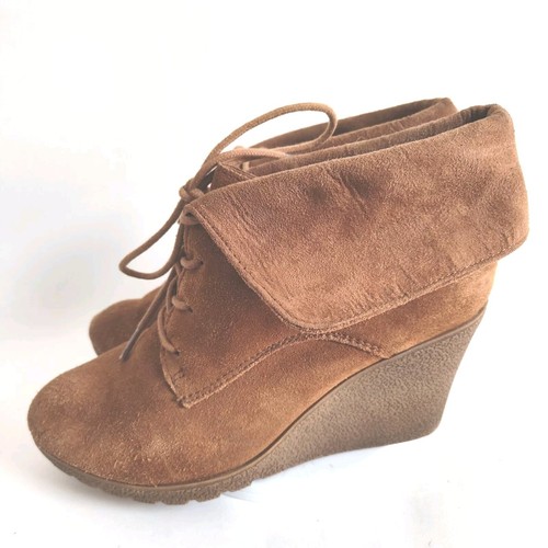 Mia Camel Tan Suede Leather Lace-Up 3" Wedge Ankle Boots Womens Size 8 Academia - Picture 5 of 12
