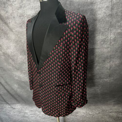 VTG After Six Flower Print Tuxedo Suit Jacket Mens 41R Black Mod Retro Velvet - Picture 4 of 12