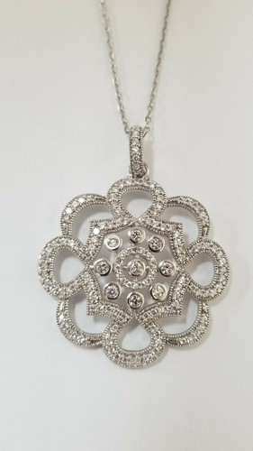 Große CZ Blume Halskette rund gewelltes Design Sterlingsilber 18" Kette  - Bild 2 von 9