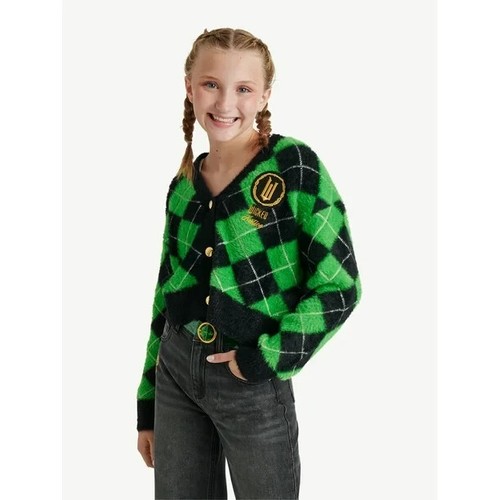 Wicked Justice Girl Sweater S 7 8 Elphaba Cardigan Plaid Button Fuzzy Embroidery - Picture 2 of 12