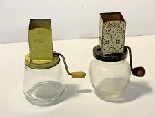 2 Vtg Androck Spice Nut Meat Choppers Grinders Yellow & Multi Hazel Atlas Glass
