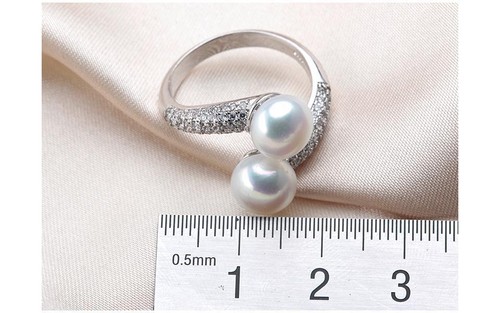 Anillo de circón de plata de ley ajustable doble perla natural de agua dulce - Imagen 6 de 16