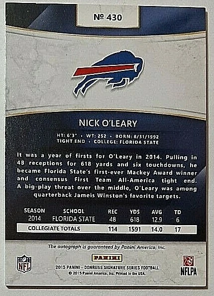 2015 Donruss Signature Series Autographs Nick O'Leary Rc Auto Bills Rookie - Image 2 of 2