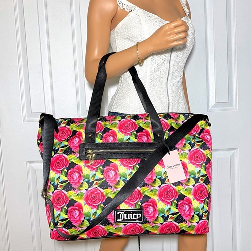 Juicy Couture Black Multi Rose Print Overnight Weekender Duffle Travel Bag NWT - Picture 8 of 11