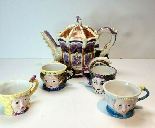 Vtg Cinderella Hand Painted Ceramic Teapot with 4 Cups -Storybook DEP56 - Picture 9 of 12