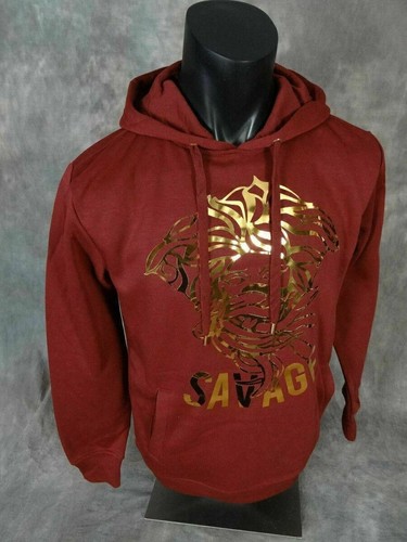 Mens Hoodie Black White Burgundy METALLIC SAVAGE Gold Decal Pockets Bleecker - Picture 8 of 11