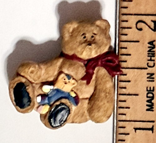 1” Vintage BUTTON Le Bouton 3D Great Hand Painted Detail Teddy Bear Holding Bear