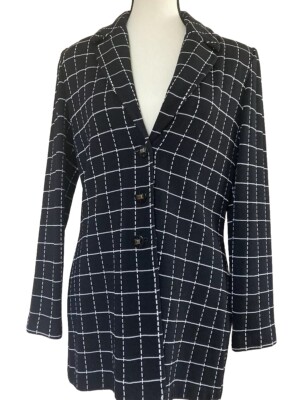 St John Collection Mary Gray  Blazer Black White Plaid Knit Jacket Size 4